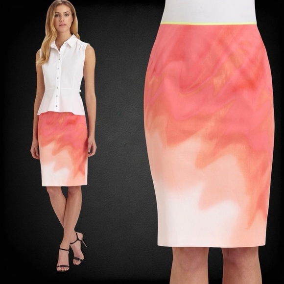 NWT Elie Tahari ‘Penelope’ Watercolor Pencil Skirt in “Crushed Coral” Size 12 - Picture 1 of 14